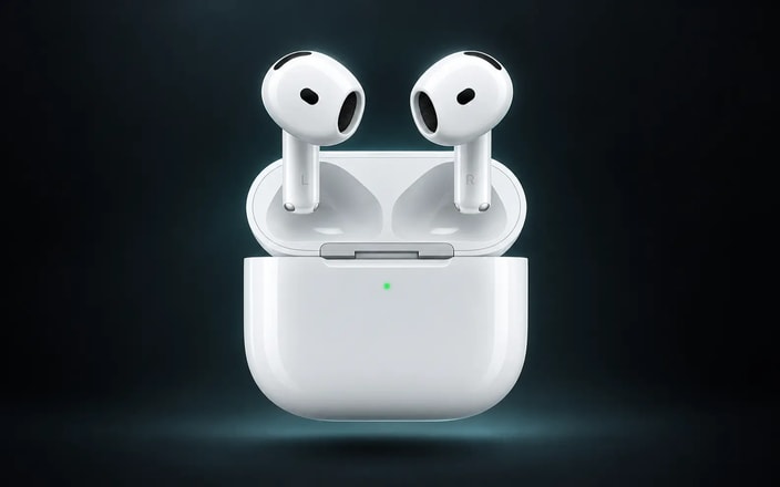 A pair of AirPods 5 in their charging case